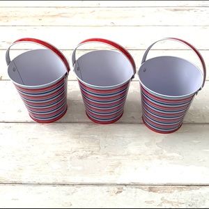 Metal Buckets Set of 3 Red Blue Stripes Print 7in Tall Kids Storage Desk Home